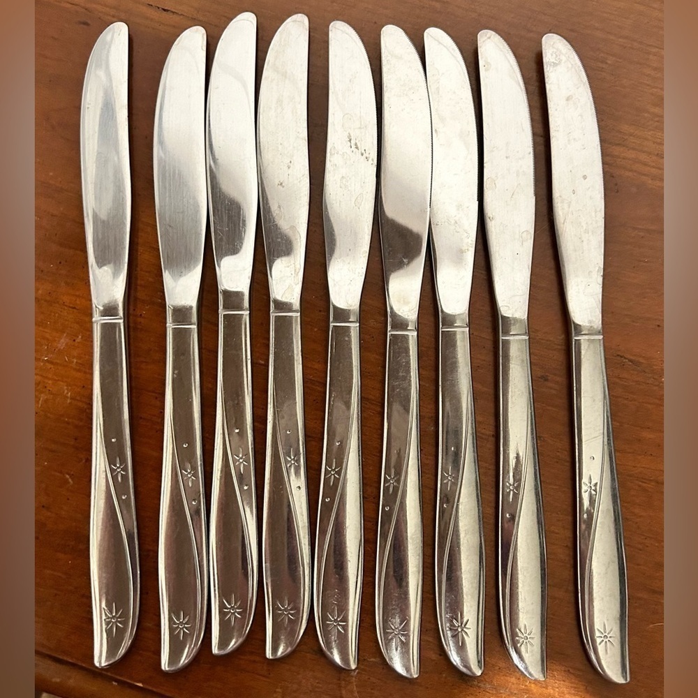 9 MCM Atomic Twin Star Serrated Dinner Knives Unmarked